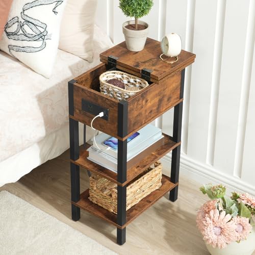HOOBRO End Table with Charging Station, Flip Top Side Table with USB Ports, Narrow Nightstand Bedside Tables with Storage Shelves, for Small Space, Living Room, Rustic Brown and Black BF141UBZ01 - color: Rustic Brown + Black