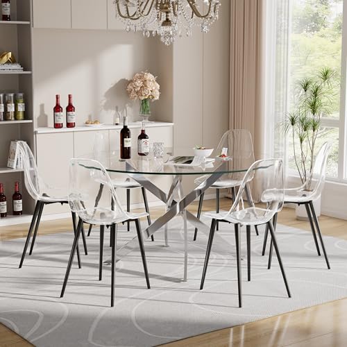 Baysitone Clear Dining Chairs Set of 6, Modern Kitchen Chairs with Transparent Seat, Acrylic Accent Side Chairs with Plating Metal Legs for Dining Room, Kitchen, Living Room with Black - color: Black, size: Set of 6