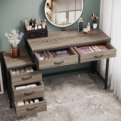 Tribesigns Vanity Desk with 5 Drawers, Makeup Vanity Table | Dressing Table with Side 3-Drawer Chest, Make Up Vanities for Women, Girls (Without Mirror), White - style: Grey