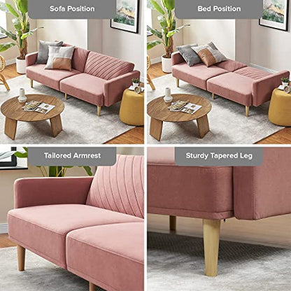 mopio 76.4" Futon Sofa Bed Chevron Styled, Sleeper Couch (Old Rosa Velvet) | Reclines flat for surprise sleepovers; space-savvy design and tapered legs add mid-century warmth. - color: Old Rosa Velvet