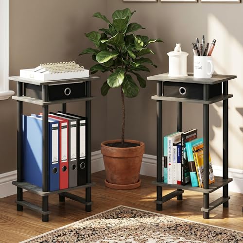 3-Tier Set of 2 Tall Narrow Modern End Table, Night Stand with Storage Bin, Open Shelf Bedside Table, Toolless Assembly Side Table, for Bedroom, Living Room, French Oak - color: French Oak/Black/Black, size: 3 Tier, Set of 2