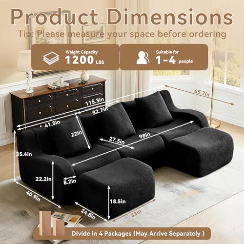 113.5” Sectional Boneless Sofa Couches, 3 Seater U-Shaped, Streamlined Design, No Assembly Modular Teddy Fabric Sofa for Living Room, Bedroom, Apartment, Home Office (Black) - color: Black02, size: 3Seat+2Ottoman