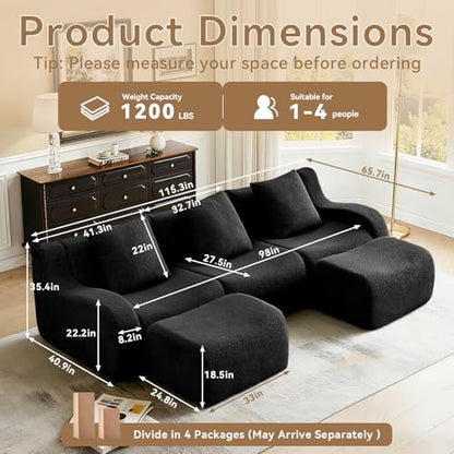 113.5” Sectional Boneless Sofa Couches, 3 Seater U-Shaped, Streamlined Design, No Assembly Modular Teddy Fabric Sofa for Living Room, Bedroom, Apartment, Home Office (Black) - color: Black02, size: 3Seat+2Ottoman