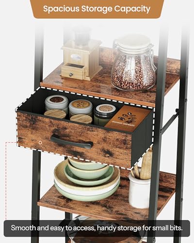 5 Tier Ladder Shelf with Drawer, Tall Ladder Bookshelf, Standing Bookcase with Metal Frame for Living Room, Bathroom, Home Office, Study, Balcony, Rustic Brown and Black TCJ07BF - color: Rustic Brown and Black