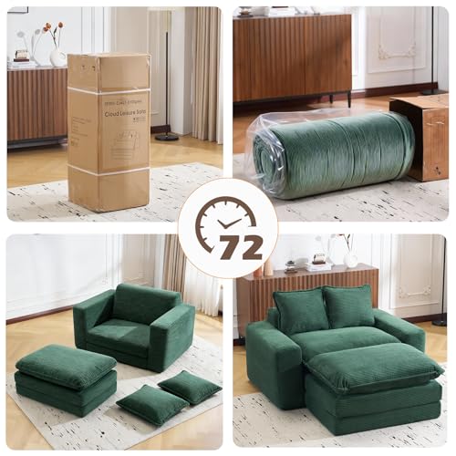 58" Sofa Bed with Ottoman, 3 in 1 Convertible Sofa Bed Folding Corduroy Boneless Sleeper Loveseat Mattress Futon Pull Out Couch Bed for Apartment Bedroom Living Room No Assembly 58-Green-L