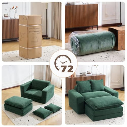 58" Sofa Bed with Ottoman, 3 in 1 Convertible Sofa Bed Folding Corduroy Boneless Sleeper Loveseat Mattress Futon Pull Out Couch Bed for Apartment Bedroom Living Room No Assembly 58-Green-L