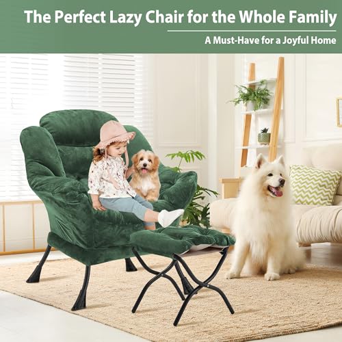 Youtanic Lazy Chair with Folding Ottoman, Accent Chair Plush Upholstered with Metal Structure and Non-Slip Pads, Sofa Armchair with Footrest and Side Storage Bag for Dorm, Room, Office, Green - color: Plush Green