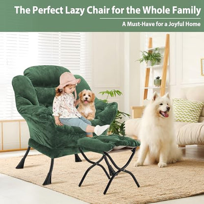 Youtanic Lazy Chair with Folding Ottoman, Accent Chair Plush Upholstered with Metal Structure and Non-Slip Pads, Sofa Armchair with Footrest and Side Storage Bag for Dorm, Room, Office, Green - color: Plush Green