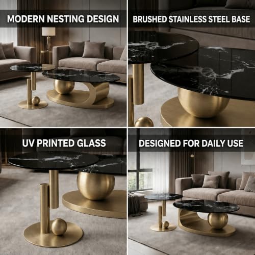 FT Global 2-Piece Nesting Coffee Table Set, 47.2-Inch Oval Coffee Table with 19.7-Inch Round End Table, Black UV-Printed Tempered Glass Tops, Brushed Gold Stainless Steel Bases