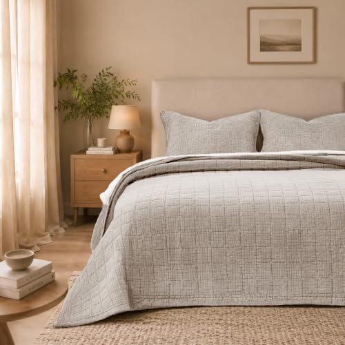 Pre-Washed Cotton King Size Quilt Set 98x106 Waffle Textured | Lightweight Breathable Bedspread Coverlet,All Season Bedding Set,Fits King & Cal King，with 2 Pillow Shams Beige - color: Beige, size: King-98x106
