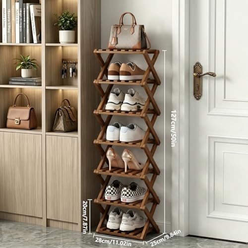 Narrow Shoe Rack, Foldable Bamboo Shoes Shelf for Small Spaces, Multifunctional Vertical Shoe Organizer Tall for Entryway, Closet, Corner, Bedroom, Hallway (Brown, 7 Layers) - color: Brown, size: 7 Layers