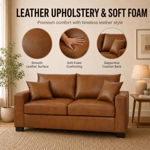 69'' Loveseat Sofa,Modern Fabric 2-Seater Sofa with 2 Pillows(Light Brown) | Small Couches for Living Room, Office,Apartment, Small Spaces,21 in Deep Seat - color: Light Brown