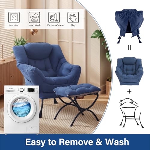 Lazy Chair with Ottoman, Soft Comfy Chair for Bedroom, Blue | Reading Accent Lounge Chair with folding Foot Stool for Living Room Dorm Apartment, sturdy metal frame - color: Royal Blue
