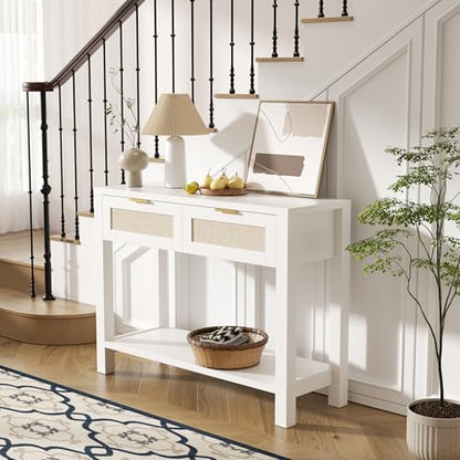 Boho Chic Console Table with 2 Rattan Drawers and Open Shelf Storage, Narrow Farmhouse Sofa Table for Small Space, Entryway, Hallway, Living Room,White - color: White