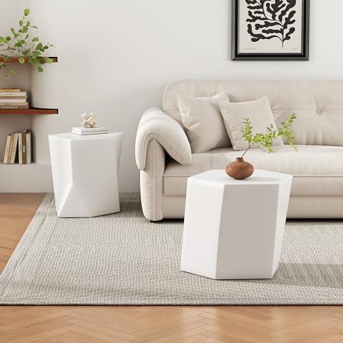 Irregular Nesting Coffee Table Set of 2, Modern Hexagon Side Table, MGO End Table Accent Tables for Living Room Apartment Balcony Office, White - color: 30.25" White
