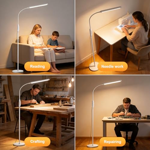 Bright LED Eye-Protecting Reading Floor Lamps with Touch and Remote Dimming 3000-6000k for Eyelash Manicure Craft Drawing Makeup Living Room Bedroom Office, Adjustable Gooseneck Modern Standing Light - color: New White
