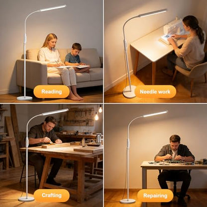 Bright LED Eye-Protecting Reading Floor Lamps with Touch and Remote Dimming 3000-6000k for Eyelash Manicure Craft Drawing Makeup Living Room Bedroom Office, Adjustable Gooseneck Modern Standing Light - color: New White