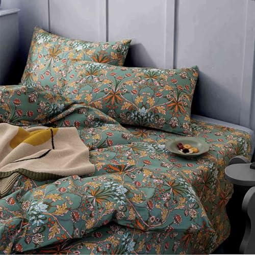 Faincy Bohemian Duvet Cover Queen Size - Boho Paisley Green Floral Pattern Printed Microfiber Comforter Cover Set - 3PC 90 X 90 Soft and Lightweight Quilt Cover, Retro Farmhouse Style for Women Men - color: Bark Green Bohemian, size: Queen