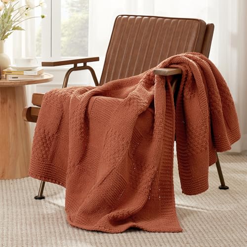 Knit Throw Blanket, Soft Chenille Cozy Breathable Checkered Chunky Decorative Blanket for Couch, Bed & Sofa, French-Inspired Lightweight Warm Gift for Women, Orange, 50"x60" - color: Checkered Orange, size: Checkered Knit 50"x60"