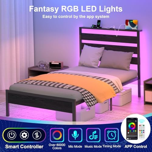 J.Fkne Twin Bed Frame with Headboard, Platform Bed with LED & Charging Station, Heavy Duty Metal Slats, No Box Spring Needed, Noise Free, Easy Assembly, Black - size: Twin, style: Contemporary