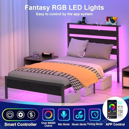 J.Fkne Twin Bed Frame with Headboard, Platform Bed with LED & Charging Station, Heavy Duty Metal Slats, No Box Spring Needed, Noise Free, Easy Assembly, Black - size: Twin, style: Contemporary