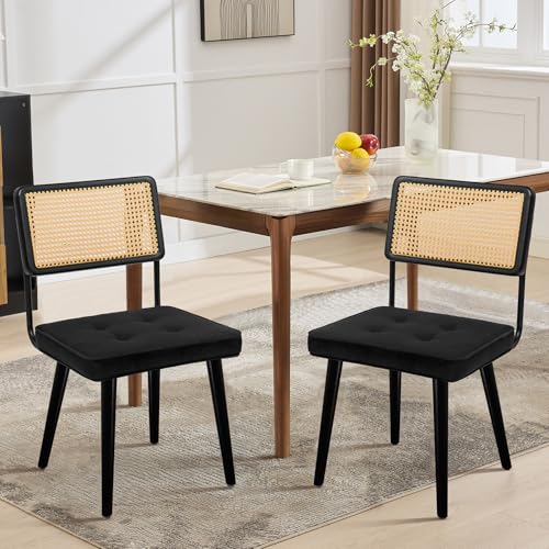 GarveeHome Natural Rattan Dining Chairs Set of 2, Velvet Upholstered Kitchen Chairs with Tall Cane Backrest and Strong Wood Legs for Dining Room, Kitchen, Restaurant, Black - color: Black, size: 2 PCS