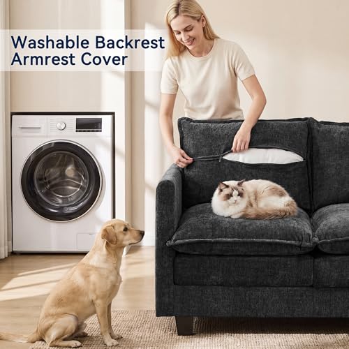 Loveseat Sofa Couch 2 Piece Set, Small Compact 50" Love Seat 27" Deep Cloud Sofa Set Washable Chenille Pillow Living Room Set for Apartment Office 50-Black-2+2 - color: Black, size: 50"+50"