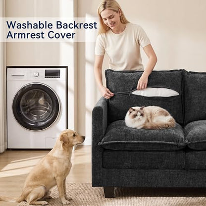 3 Seater Couch & Loveseat Sofa 2 Piece Set, Small 50" Love Seat & 69" Cloud 3 Seat Couch Sofa Set Washable Chenille Pillow Living Room Set for Apartment Office 50-Black-3+2 - color: Black, size: 50"+69"
