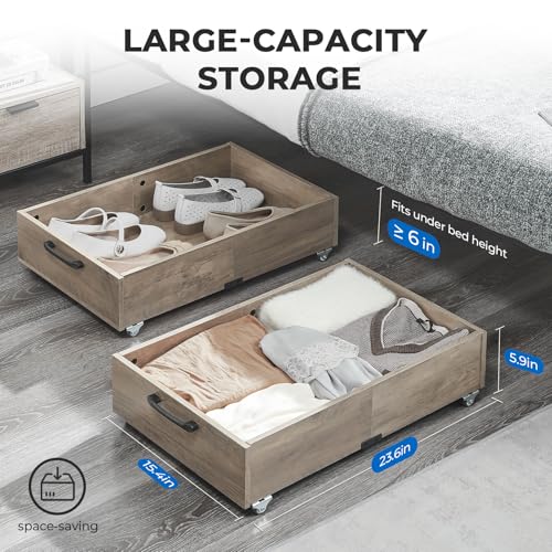 2-Pack Under Bed Storage Drawers with Wheels, Brownish-Gray | 58L total capacity, 80 lb per Drawer, Fits 6 in Bed Clearance, Rolling Drawers for Shoes, Clothes, Linens, Toys - color: Brownish-Gray