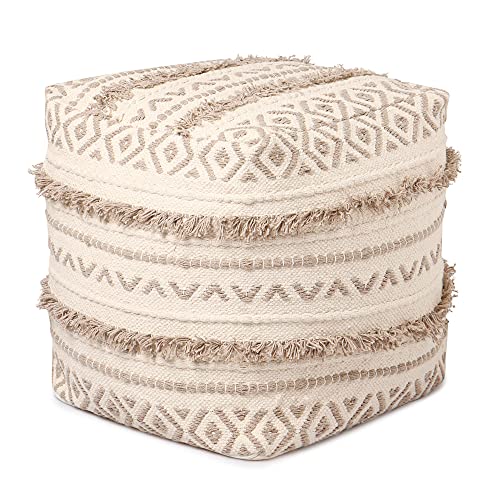· REDEARTH · Pouf with Filler Cube Bean Bag Pouffe - Geometric Craft Taupe | 100% Cotton; 17.5"x17.5"x17.5"; Storage Cube, Doubles as Footrest; Boho Decor for Living Room, Bedroom, Nursery, Kidsroom - color: Geometric Craft Taupe With Filler
