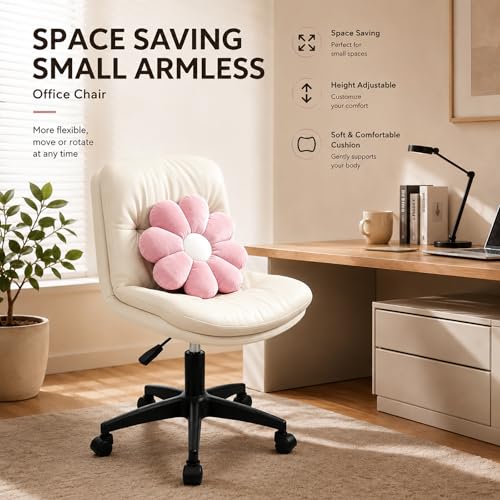 Vanity Chair with Back, Armless office Chair with wheels and Lumbar support, Comfy PU Leather Desk Computer Chairs with Adjustable Height, 360°Swivel for Home Office, Computer Desk & Vanity Beige - color: White
