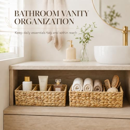 Operitacx Wicker Basket Organizer, 2-Pack with 3 Sections for Countertops | 2 woven-look baskets, three-section layout, for pantry packets, bathroom supplies, desk items and shelf organization needs