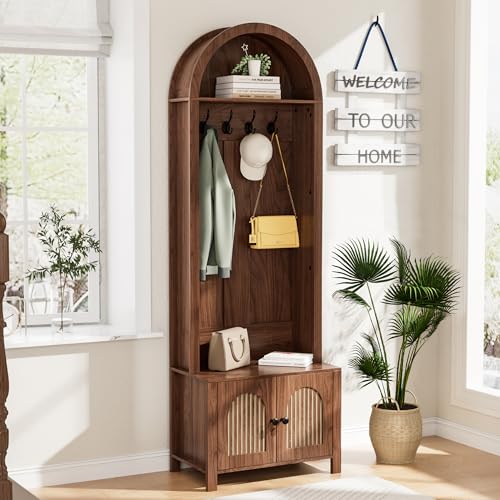 Hall Tree with Bench and Shoe Storage 4-in-1 Entryway Bench with Coat Rack | 70.9"Arch Coat Rack with Fluted Doors and 4 Hooks,Top Cubby,Farmhouse Tall Hall Tree Entryway Organizer for Hallway,Walnut - size: 23.7"W