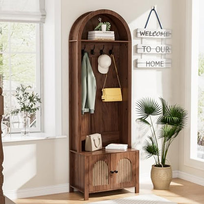 Hall Tree with Bench and Shoe Storage 4-in-1 Entryway Bench with Coat Rack | 70.9"Arch Coat Rack with Fluted Doors and 4 Hooks,Top Cubby,Farmhouse Tall Hall Tree Entryway Organizer for Hallway,Walnut - size: 23.7"W
