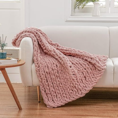WESHIONGOO Chunky Knit Blanket Throw for Couch Bed 40"×40" Pink | 100% Handmade Knitted Throw blankets Fluffy Soft Blanket With Jumbo Chenille Yarn Thick - color: Pink, size: 40"x40"(Small Size Throw)