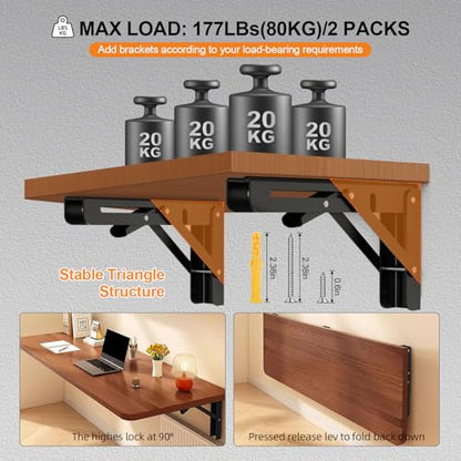 Folding Shelf Brackets 16 inch Foldable Shelf Bracket Heavy Duty Collapsible Shelf Brackets DIY Wall Mounted Fold Down Table Bracket Space-Saving for Benches Workstation (2PC, Max.Load 177 lbs) - size: 16 Inch