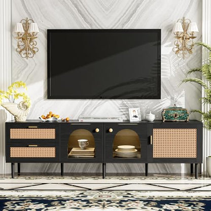 Modern Black Rattan TV Stand for TVs up to 80 inch, 71 in Entertainment Center with 3 Cabinets and 2 Drawers, Media Console with LED Lights and Cable Management for Living Room or Home Theater - color: Black-y