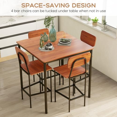 Giantex 5-Piece Dining Table Set W/Counter Height Table & 4 Bar Stools, Industrial Kitchen Dining Table Set W/Footrest & Backrest, Space-Saving Dinette Set for Pub, Dining Room, Restaurant (Walnut) - color: Walnut