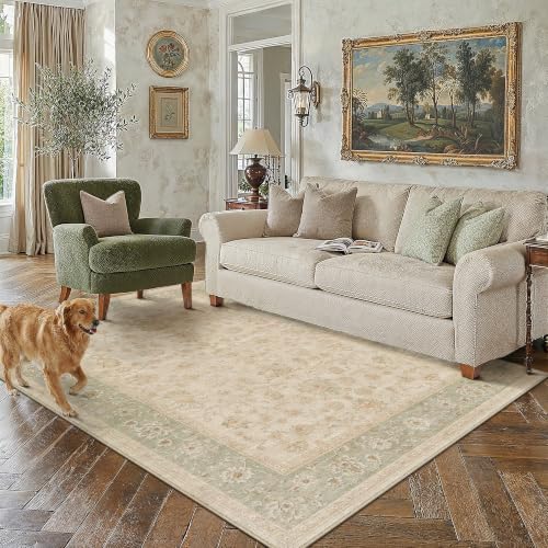6x9 Beige Washable Area Rug Non Slip Vintage Carpet | Soft Low Pile, Pet Friendly, Foldable, Distressed Floral Design, Living Room Bedroom Dining Room Office - color: Beige, size: 6' x 9' (Rectangular)