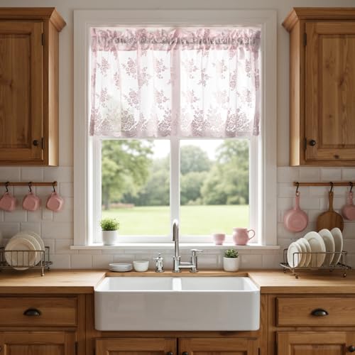 Kotile Pink Lace Valance for Windows Rustic Floral W52xL18 Inch 1 Panel | Rod Pocket, Light Lace Falls Softly, Filters Sunlight, Vintage Charm, Soft Romantic Look, Short Top Frame, Subtle Privacy - color: Pink