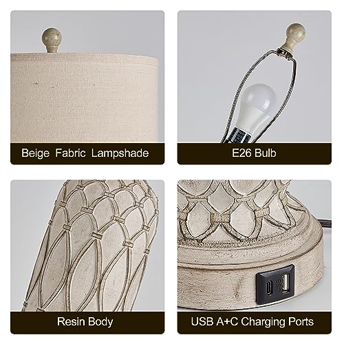 Farmhouse Table Lamps for Bedroom Set of 2, 28" Rustic Bedside Lamp with USB Ports, 3-Way Dimmable Nightstand Table Lamp for Living Room - color: 1.off white