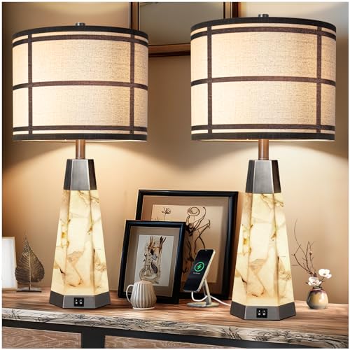 KIVDITZO 27" Alabaster Bedside Table Lamps Set of 2 with Night Light | Bedroom Lamps with Night Light, Living Room Lamps with USB A+C Ports, Table Lamp with Linen Shade for Bedside, Bulbs Included - color: Bronze