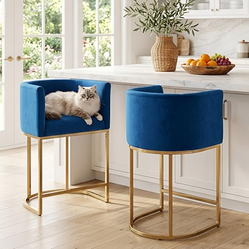 HNY Modern Counter Height Velvet Fabric Upholstered Counter Stools Set of 2, 24 Inch Kitchen Island Stool with Gold Finish Metal Frame, Navy Blue - color: 24inch Blue,gold Base