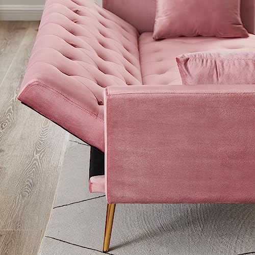 Anwick 72''Modern Velvet Sofa Bed Futon,Convertible Folding Sleeper Couches with 3 Adjustable Backrests,Tufted Recliner Loveseat with Golden Chrome Legs for Living Room Apartment Office (Pink) - color: Pink+pillows