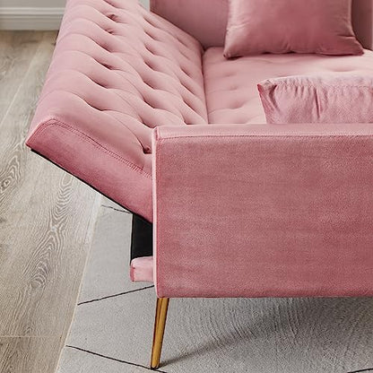 Anwick 72''Modern Velvet Sofa Bed Futon,Convertible Folding Sleeper Couches with 3 Adjustable Backrests,Tufted Recliner Loveseat with Golden Chrome Legs for Living Room Apartment Office (Pink) - color: Pink+pillows