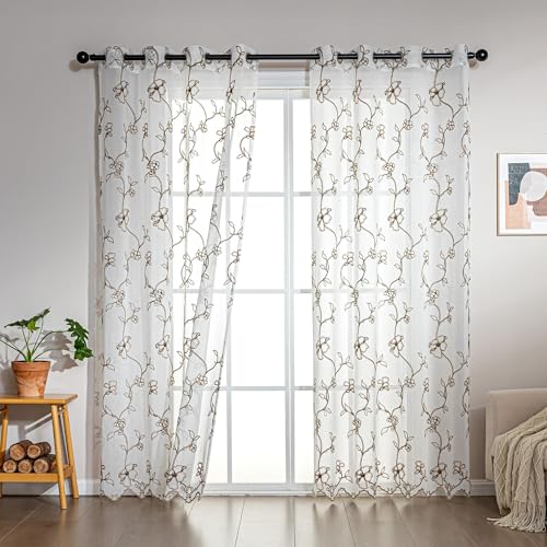 SLEEP ZONE Sheer Curtains for Living Room and Bedroom, Embroidered Sheer Curtains White Sheer Curtain 42 × 84 inches Long of 2 Panels, Off-White Floral Leaf - color: White Floral Leaf, size: 42"W×84"L