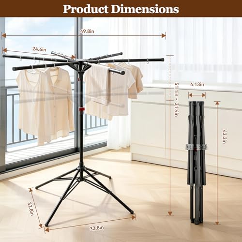 Adjustable Collapsible Umbrella Style Clothes Drying Rack, 4Legs6Telescopic Arms, Space-Saving Freestanding Laundry Airer with Windproof Clips, Easy Setup Indoor Outdoor (Black-Carbon Steel) - color: Black-carbon Steel