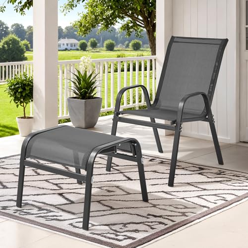Outdoor Ottoman Set of 2, Oversized Outdoor Foot Rest, Grey | Stackable, All Weather Outdoor Foot Stool, Supportive Textliene, Metal Frame, Patio Garden Pool Furniture - color: Grey