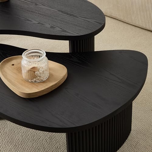 Modern Nesting Coffee Tables Set, 2-Piece Irregular Circle Wood Center Tables Unique End Side Table for Living Room Office, Fluted Legs Easy Assembly - Black - color: 49.41"&28.35-black