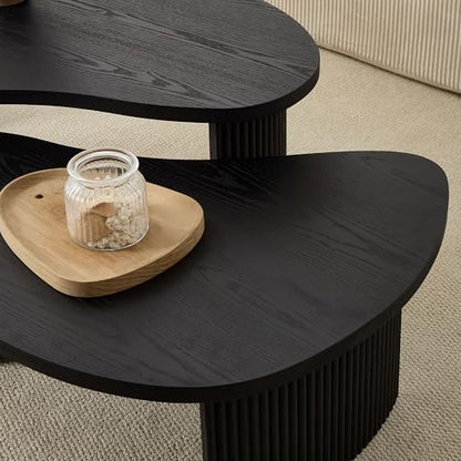 Modern Nesting Coffee Tables Set, 2-Piece Irregular Circle Wood Center Tables Unique End Side Table for Living Room Office, Fluted Legs Easy Assembly - Black - color: 49.41"&28.35-black